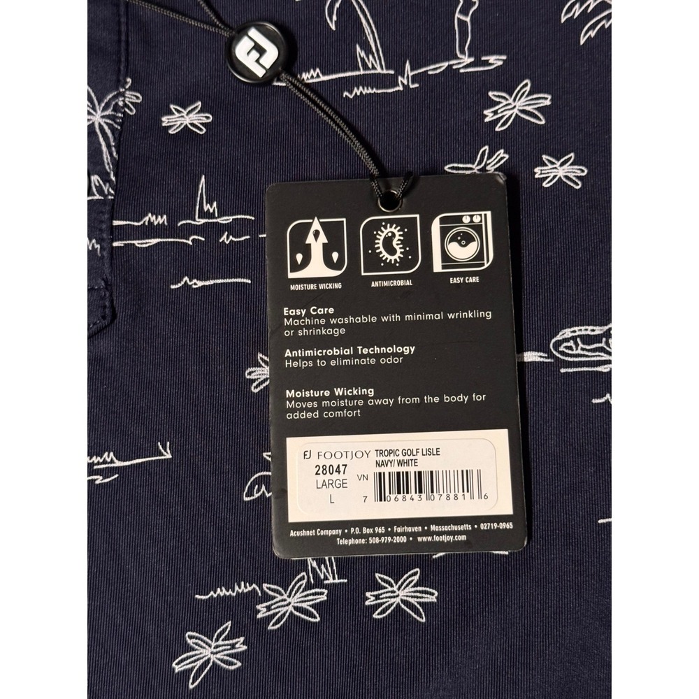 FootJoy Tropic Isle Golf Polo Shirt Navy Blue Palm Tree Print Mens Lrg NWT Logo - Picture 11 of 15